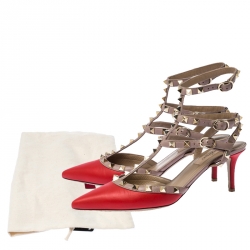 Pre Owned Valentino Red And Beige Leather Rockstud Sandals Size 38