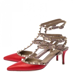 Pre Owned Valentino Red And Beige Leather Rockstud Sandals Size 38