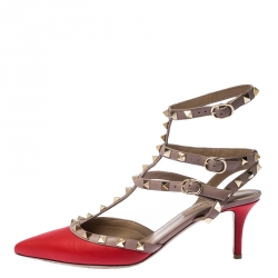 Pre Owned Valentino Red And Beige Leather Rockstud Sandals Size 38