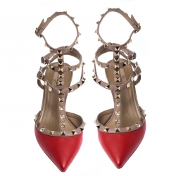 Pre Owned Valentino Red And Beige Leather Rockstud Sandals Size 38