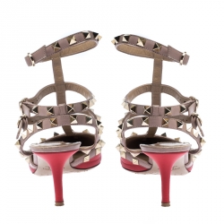 Pre Owned Valentino Red And Beige Leather Rockstud Sandals Size 38