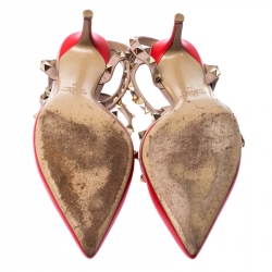 Pre Owned Valentino Red And Beige Leather Rockstud Sandals Size 38