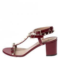 Pre Owned Valentino Red Patent Leather RockStud T Strap Sandals Size 38