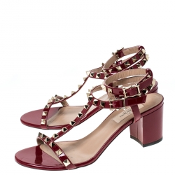 Pre Owned Valentino Red Patent Leather RockStud T Strap Sandals Size 38