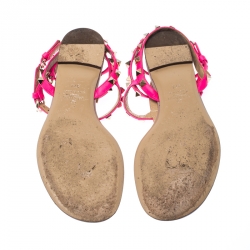 Pre Owned Valentino Pink Leather Rockstud Ankle Strap Flat Sandals Size 37.5