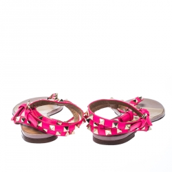 Pre Owned Valentino Pink Leather Rockstud Ankle Strap Flat Sandals Size 37.5