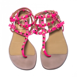 Pre Owned Valentino Pink Leather Rockstud Ankle Strap Flat Sandals Size 37.5