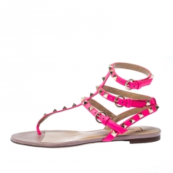 Pre Owned Valentino Pink Leather Rockstud Ankle Strap Flat Sandals Size 37.5
