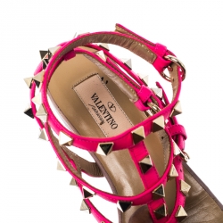 Pre Owned Valentino Pink Leather Rockstud Ankle Strap Flat Sandals Size 37.5