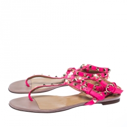 Pre Owned Valentino Pink Leather Rockstud Ankle Strap Flat Sandals Size 37.5
