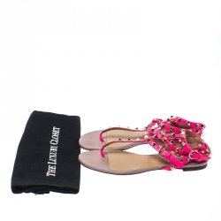 Pre Owned Valentino Pink Leather Rockstud Ankle Strap Flat Sandals Size 37.5