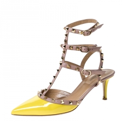 Pre Owned Valentino Yellow Patent Leather Rockstud Pointed Toe Sandals Size 40