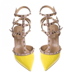 Pre Owned Valentino Yellow Patent Leather Rockstud Pointed Toe Sandals Size 40
