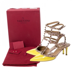 Pre Owned Valentino Yellow Patent Leather Rockstud Pointed Toe Sandals Size 40