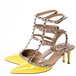 Pre Owned Valentino Yellow Patent Leather Rockstud Pointed Toe Sandals Size 40