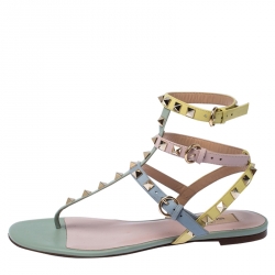 Pre Owned Valentino Multicolor Leather Rockstud Strappy Flat Sandals Size 38
