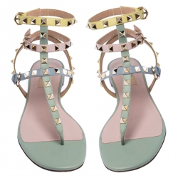 Pre Owned Valentino Multicolor Leather Rockstud Strappy Flat Sandals Size 38