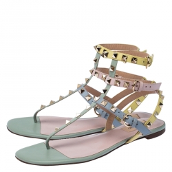 Pre Owned Valentino Multicolor Leather Rockstud Strappy Flat Sandals Size 38