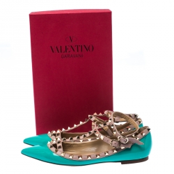 Pre Owned Valentino Pastel Green Leather Rockstud Ankle Strap Ballet flats Size 38