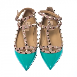 Pre Owned Valentino Pastel Green Leather Rockstud Ankle Strap Ballet flats Size 38