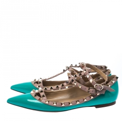 Pre Owned Valentino Pastel Green Leather Rockstud Ankle Strap Ballet flats Size 38