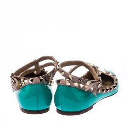 Pre Owned Valentino Pastel Green Leather Rockstud Ankle Strap Ballet flats Size 38