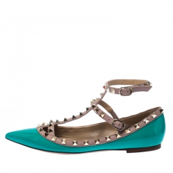 Pre Owned Valentino Pastel Green Leather Rockstud Ankle Strap Ballet flats Size 38