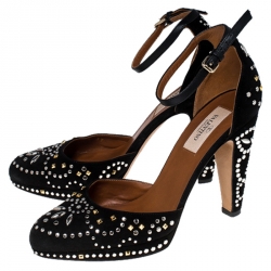 Pre Owned Valentino Black Suede Leather And Embellished Teodora Ankle Strap Platform Sandals Size 37
