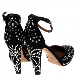 Pre Owned Valentino Black Suede Leather And Embellished Teodora Ankle Strap Platform Sandals Size 37