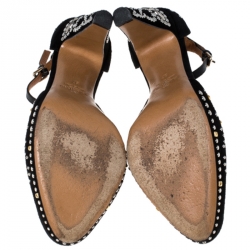 Pre Owned Valentino Black Suede Leather And Embellished Teodora Ankle Strap Platform Sandals Size 37