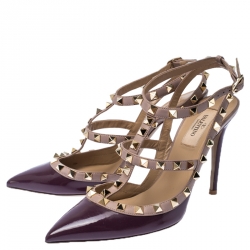 Pre Owned Valentino Purple Patent Leather Rockstud Ankle Strap Sandals Size 38.5