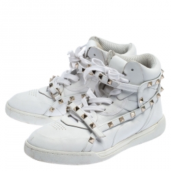Pre Owned Valentino White Leather Rockstud Amor High Top Sneakers Size 38