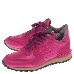 Pre Owned Valentino Pink Leather And Suede Spike Lace Up Sneakers Size 38.5