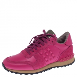 Pre Owned Valentino Pink Leather And Suede Spike Lace Up Sneakers Size 38.5