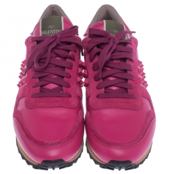 Pre Owned Valentino Pink Leather And Suede Spike Lace Up Sneakers Size 38.5