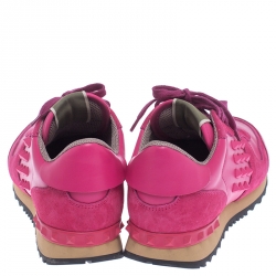 Pre Owned Valentino Pink Leather And Suede Spike Lace Up Sneakers Size 38.5