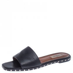 Pre Owned Valentino Black Leather Studded Slip On Slides Size 38.5