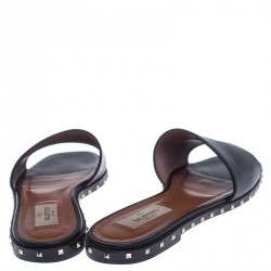 Pre Owned Valentino Black Leather Studded Slip On Slides Size 38.5