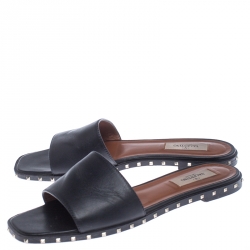 Pre Owned Valentino Black Leather Studded Slip On Slides Size 38.5