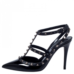 Pre Owned Valentino Black Patent Leather Rockstud Pointed Toe Ankle Strap Sandals Size 39