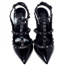 Pre Owned Valentino Black Patent Leather Rockstud Pointed Toe Ankle Strap Sandals Size 39