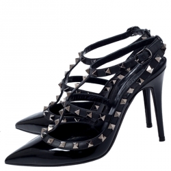 Pre Owned Valentino Black Patent Leather Rockstud Pointed Toe Ankle Strap Sandals Size 39
