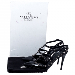 Pre Owned Valentino Black Patent Leather Rockstud Pointed Toe Ankle Strap Sandals Size 39