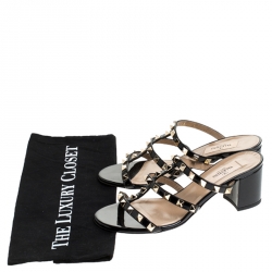 Pre Owned Valentino Black Patent Leather Rockstud Cage Block Heel Sandals Size 36
