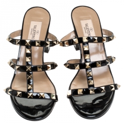 Pre Owned Valentino Black Patent Leather Rockstud Cage Block Heel Sandals Size 36