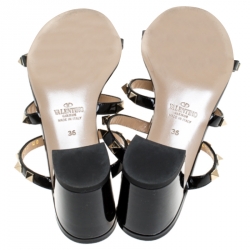 Pre Owned Valentino Black Patent Leather Rockstud Cage Block Heel Sandals Size 36
