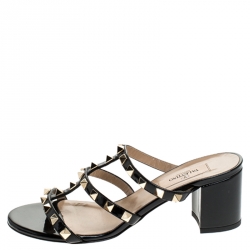 Pre Owned Valentino Black Patent Leather Rockstud Cage Block Heel Sandals Size 36