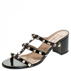 Pre Owned Valentino Black Patent Leather Rockstud Cage Block Heel Sandals Size 36