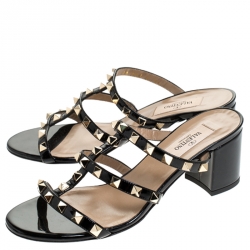 Pre Owned Valentino Black Patent Leather Rockstud Cage Block Heel Sandals Size 36
