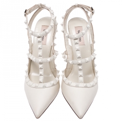 Pre Owned Valentino White Leather Rockstud Ankle Strap Pointed Toe Sandals Size 40.5
